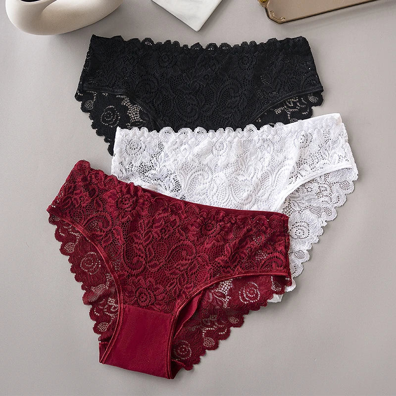 3PCS/Set Luxury Floral Embroidery Lace Panties Women's Briefs Breathable Underwear