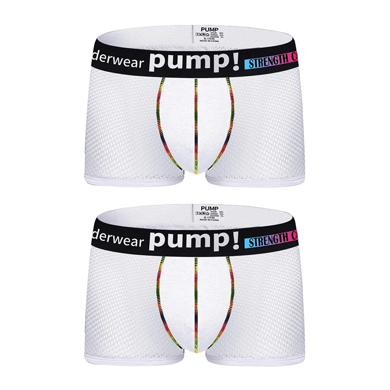 Men's PUMP! Mesh Boxer Briefs U Convex Pouch Rainbow Stitching Elastic Waistband Breathable Quick Dry Underwear