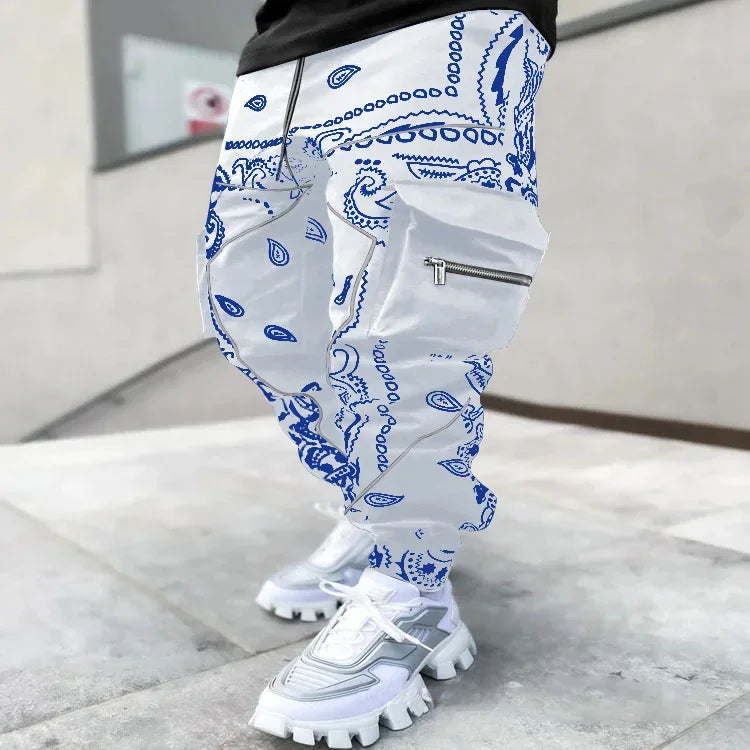 New Men's Cargo Pants Trend Printed Loose Hip Hop Fashion Street Wear Big Pocket Overalls Men Bright Color Four Seasons Trousers