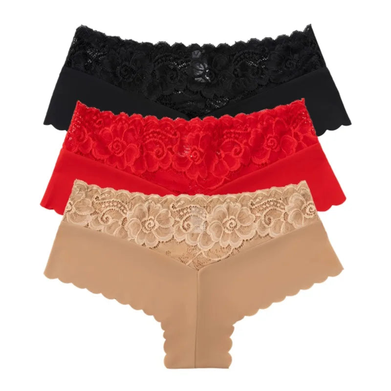 Women's 3-Piece Leopard Lace Panties Underwear Solid Color Knickers Set