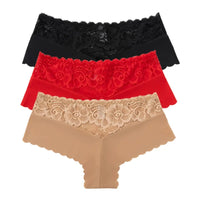 Women's 3-Piece Leopard Lace Panties Underwear Solid Color Knickers Set