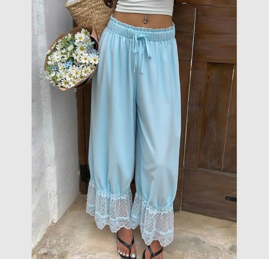 Womens Wide Leg Pants White Polyester Lace Trim Hem Casual Loose Fit Summer Trousers Wide Leg Pants