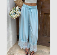 Womens Wide Leg Pants White Polyester Lace Trim Hem Casual Loose Fit Summer Trousers Wide Leg Pants