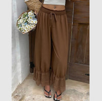 Womens Wide Leg Pants White Polyester Lace Trim Hem Casual Loose Fit Summer Trousers Wide Leg Pants