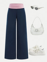 Trendy Girls Fold over Waist Flare Pants, Navy Blue & Pink Color Block Wide Leg Trousers for Daily & Y2K Style