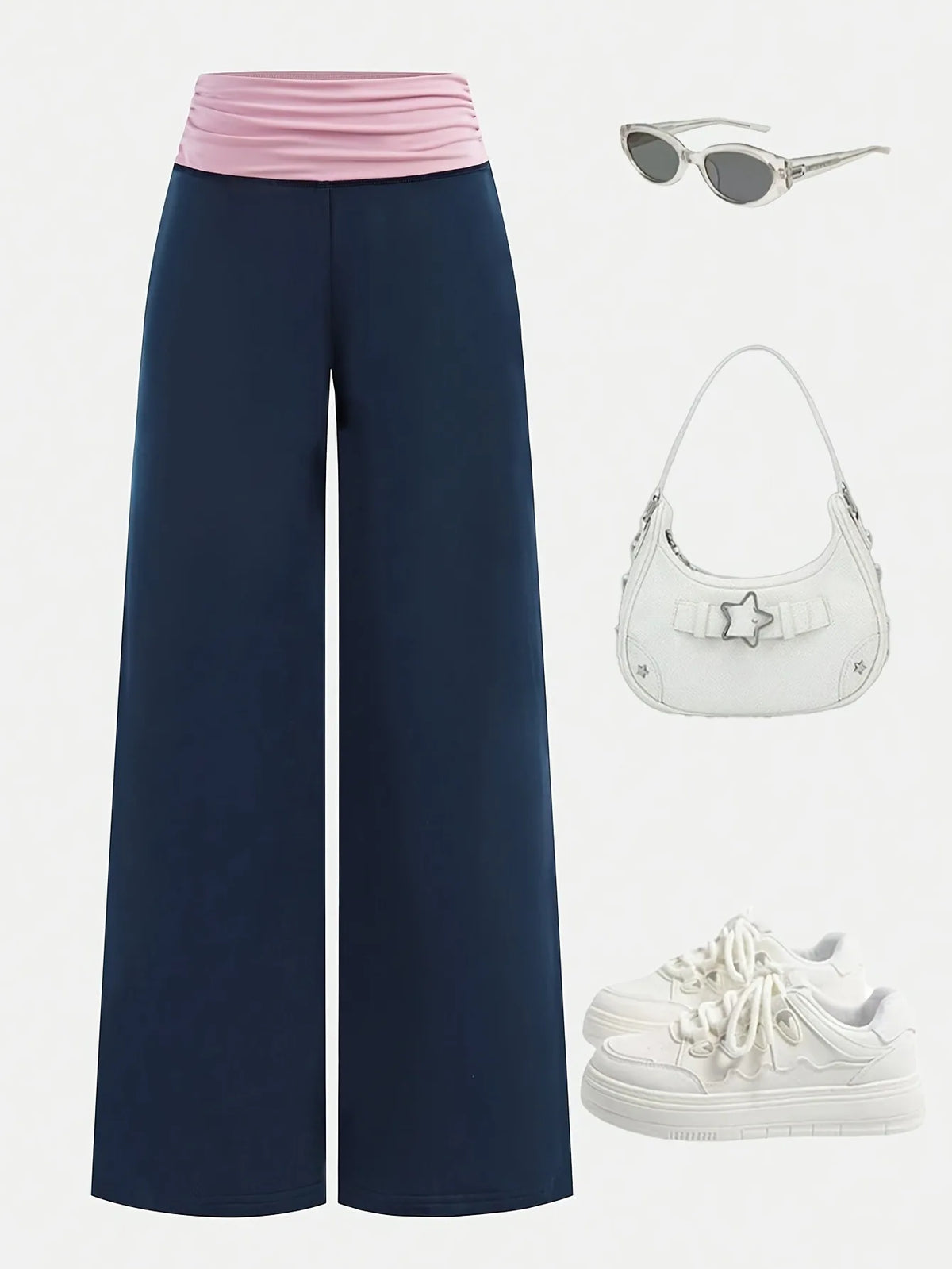 Trendy Girls Fold over Waist Flare Pants, Navy Blue & Pink Color Block Wide Leg Trousers for Daily & Y2K Style