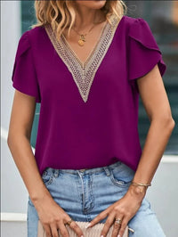 Elegant Women Blouse 2023 Summer Solid Short Sleeve Red Shirt Hollow Lace Panel Female Office Social Chiffon Blouses And Shirts