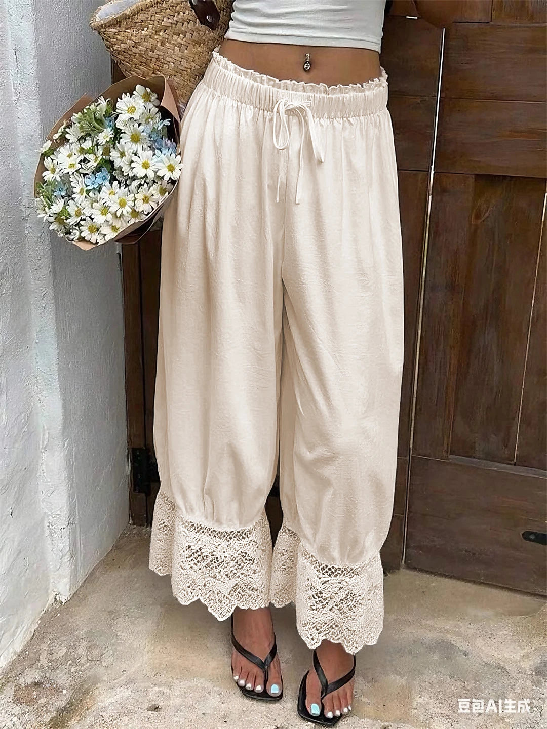 Womens Wide Leg Pants White Polyester Lace Trim Hem Casual Loose Fit Summer Trousers Wide Leg Pants