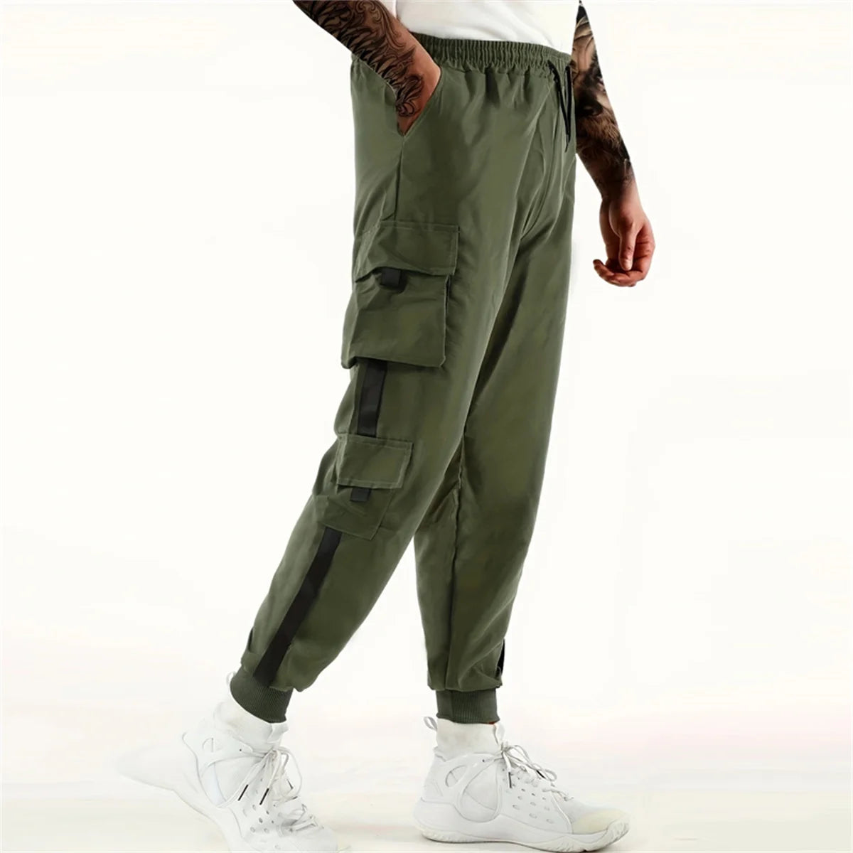 2025 Trendy Solid Color Pants, Multi Flap Pocket Men's Cargo Pants, Loose Casual Outdoor Hip Hop Pants, Men's Black Work Pants