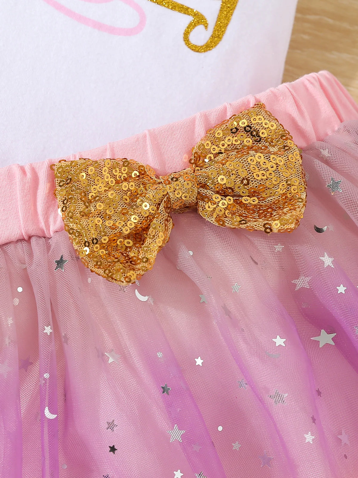 Baby Girl  Clothes Cute 1st Birthday Print Outfit Bodysuit  Sequin Bowknot  Mesh Tutu Skirt 3Pcs Toddler Girls Clothing Set