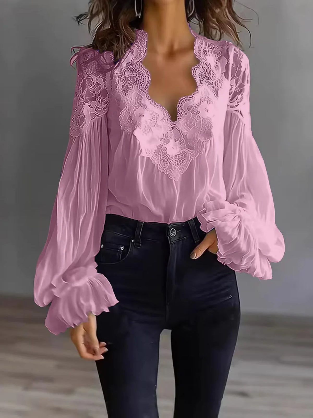 Women's Blouse Black White Elegant V-Neck Lace Splicing Lantern Sleeve Solid Blouse Office Chic Shirt