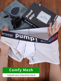 Men's PUMP! Mesh Boxer Briefs U Convex Pouch Rainbow Stitching Elastic Waistband Breathable Quick Dry Underwear