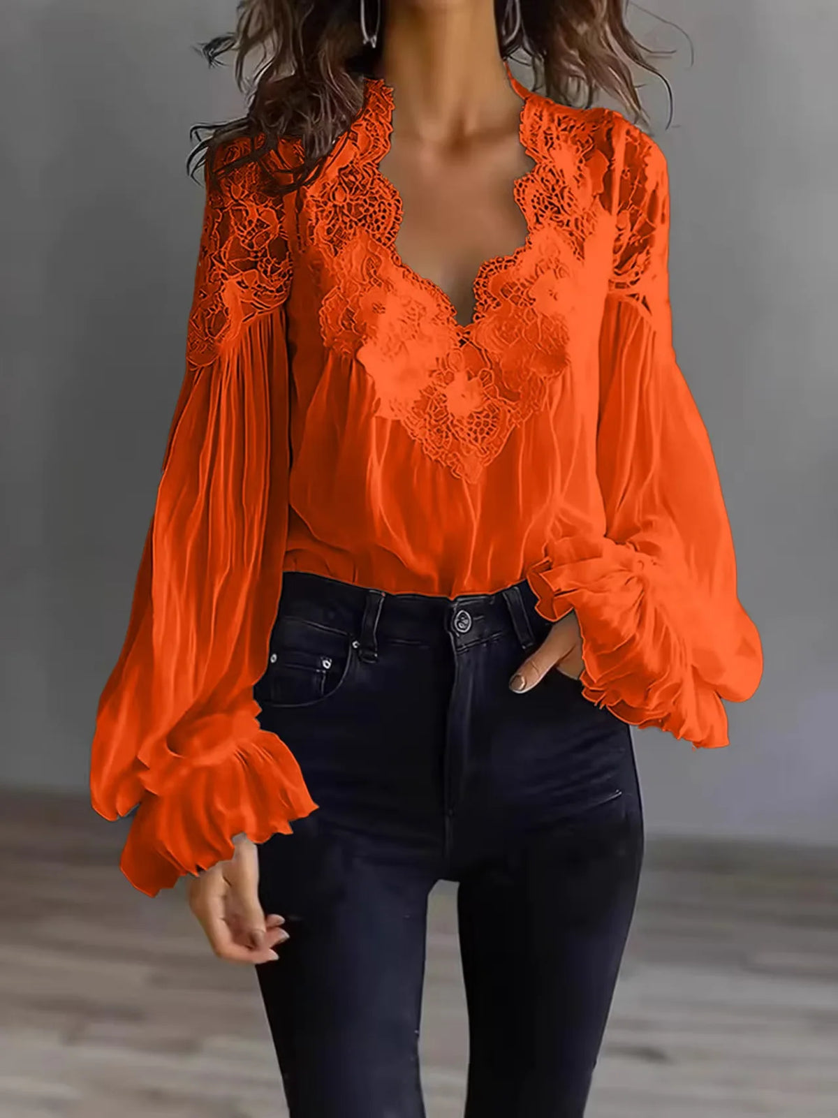 Women's Blouse Black White Elegant V-Neck Lace Splicing Lantern Sleeve Solid Blouse Office Chic Shirt