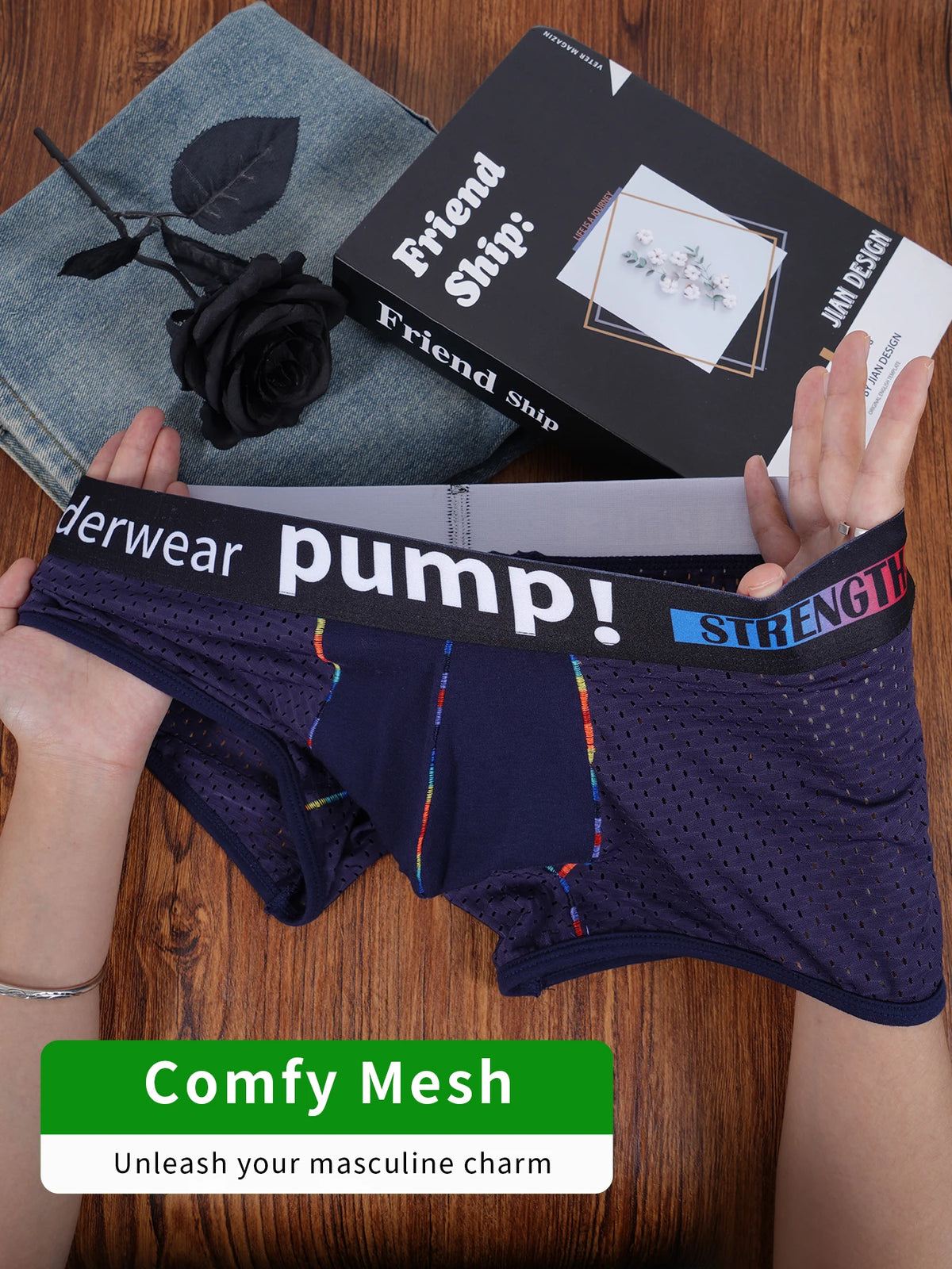 Men's PUMP! Mesh Boxer Briefs U Convex Pouch Rainbow Stitching Elastic Waistband Breathable Quick Dry Underwear