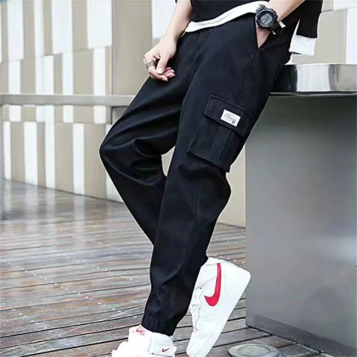 2025 Trendy Solid Color Pants, Multi Flap Pocket Men's Cargo Pants, Loose Casual Outdoor Hip Hop Pants, Men's Black Work Pants
