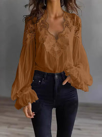 Women's Blouse Black White Elegant V-Neck Lace Splicing Lantern Sleeve Solid Blouse Office Chic Shirt
