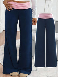 Trendy Girls Fold over Waist Flare Pants, Navy Blue & Pink Color Block Wide Leg Trousers for Daily & Y2K Style