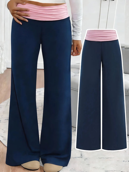 Trendy Girls Fold over Waist Flare Pants, Navy Blue & Pink Color Block Wide Leg Trousers for Daily & Y2K Style