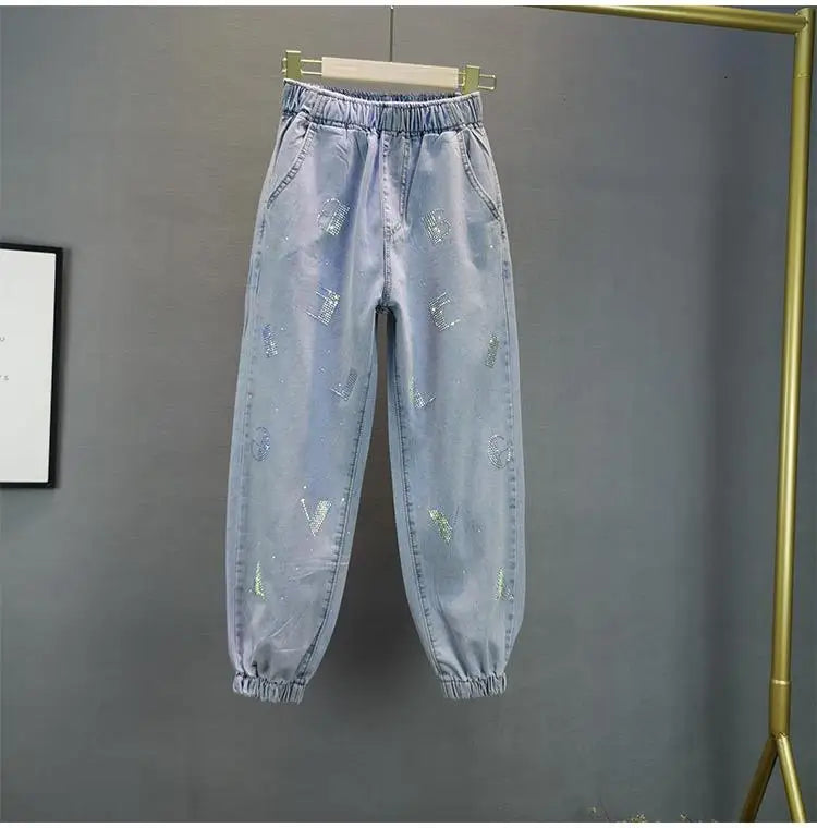High waisted Jeans For Summer 2026 New Loose Elastic waist Hot pressed Diamond Pants Women's Casual Denim Trousers