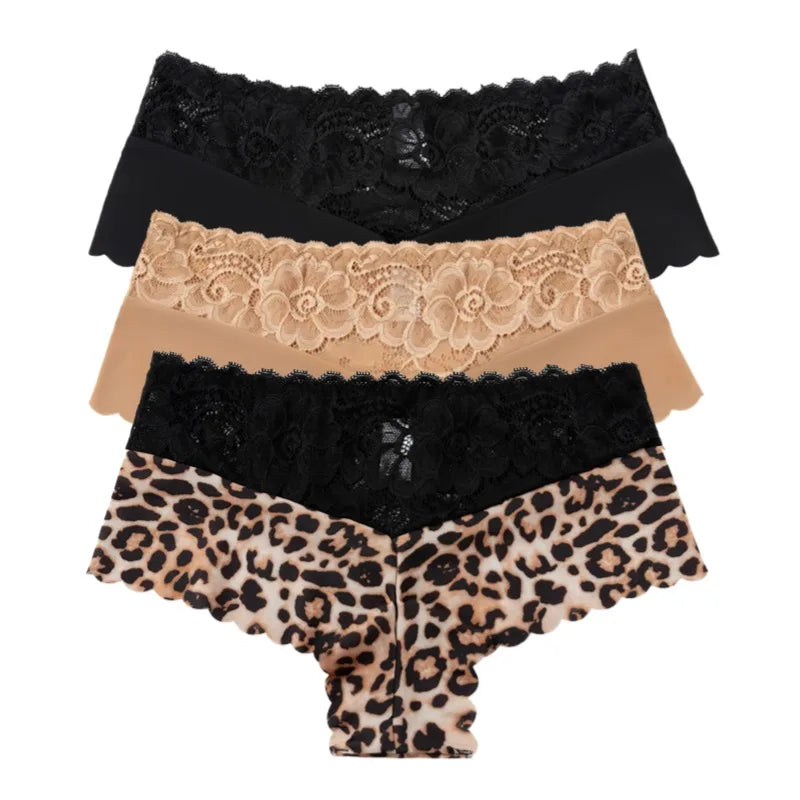 Women's 3-Piece Leopard Lace Panties Underwear Solid Color Knickers Set