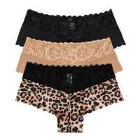 Women's 3-Piece Leopard Lace Panties Underwear Solid Color Knickers Set