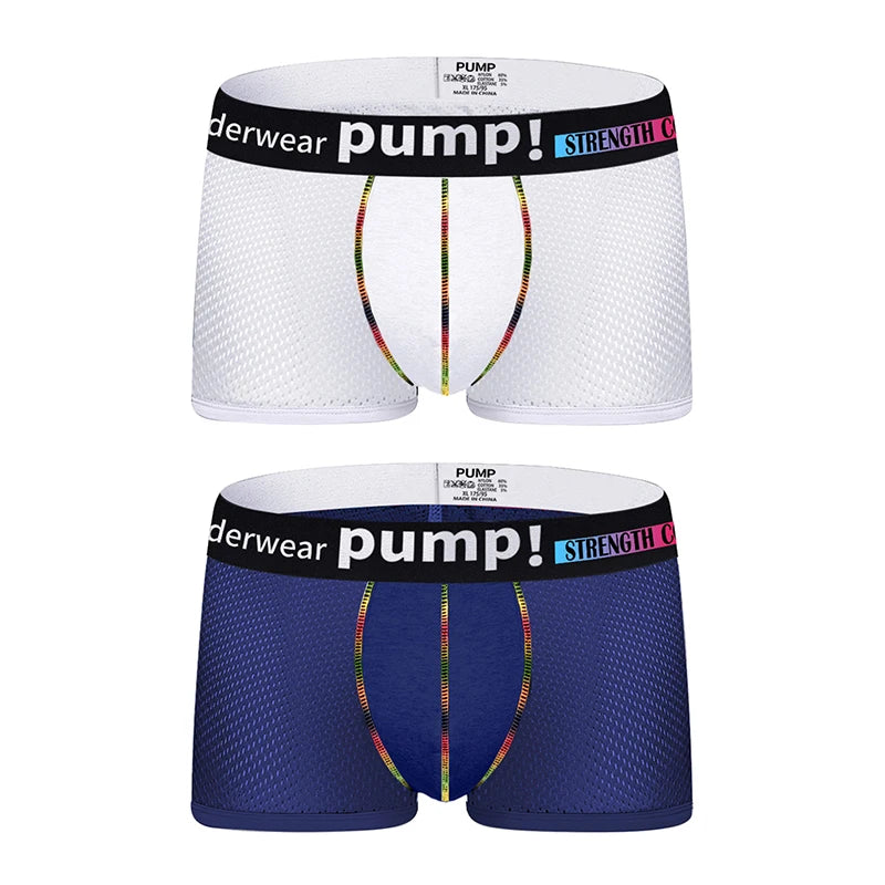 Men's PUMP! Mesh Boxer Briefs U Convex Pouch Rainbow Stitching Elastic Waistband Breathable Quick Dry Underwear