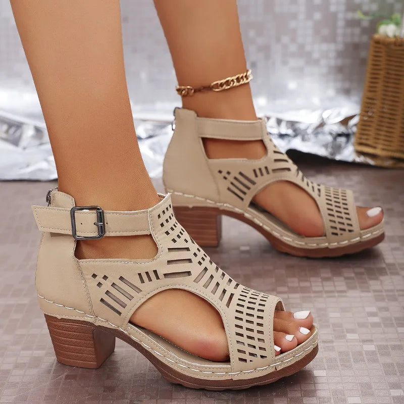 Sandals for Women 2026 New Thick Heeled Sandals Summer Breathable Hollow Out Sandals for Women Retro High Heels Roman Sandalias