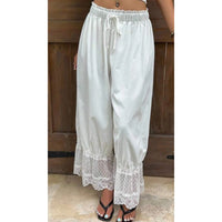 Womens Wide Leg Pants White Polyester Lace Trim Hem Casual Loose Fit Summer Trousers Wide Leg Pants