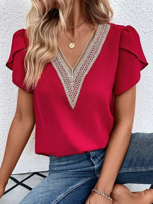 Elegant Women Blouse 2023 Summer Solid Short Sleeve Red Shirt Hollow Lace Panel Female Office Social Chiffon Blouses And Shirts