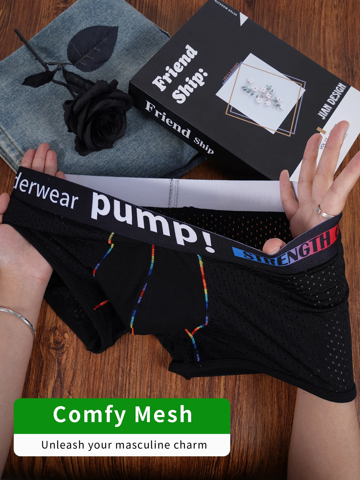 Men's PUMP! Mesh Boxer Briefs U Convex Pouch Rainbow Stitching Elastic Waistband Breathable Quick Dry Underwear