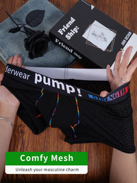 Men's PUMP! Mesh Boxer Briefs U Convex Pouch Rainbow Stitching Elastic Waistband Breathable Quick Dry Underwear
