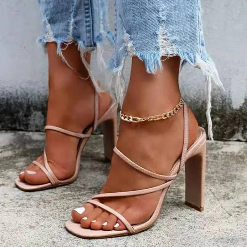 European American Trendy Thick Heel Sandals for Women's 2024 Summer New High Heel Design with Fine Strap Sandals Zapatos Mujer