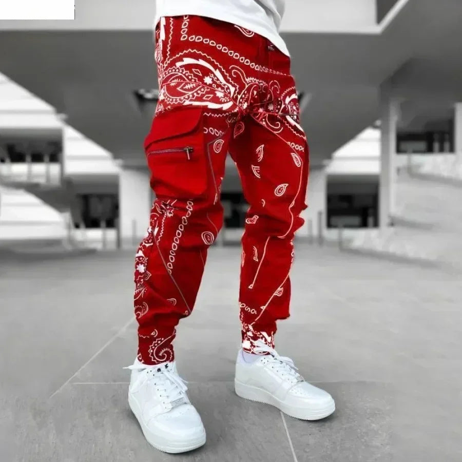 New Men's Cargo Pants Trend Printed Loose Hip Hop Fashion Street Wear Big Pocket Overalls Men Bright Color Four Seasons Trousers