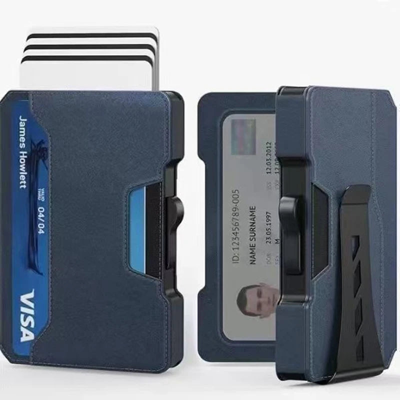 Minimalist Mens Wallet with Money Clip, Aluminum Pop Up Card Case and Leather Slots Credit Card Holder RFID Blocking Wallet