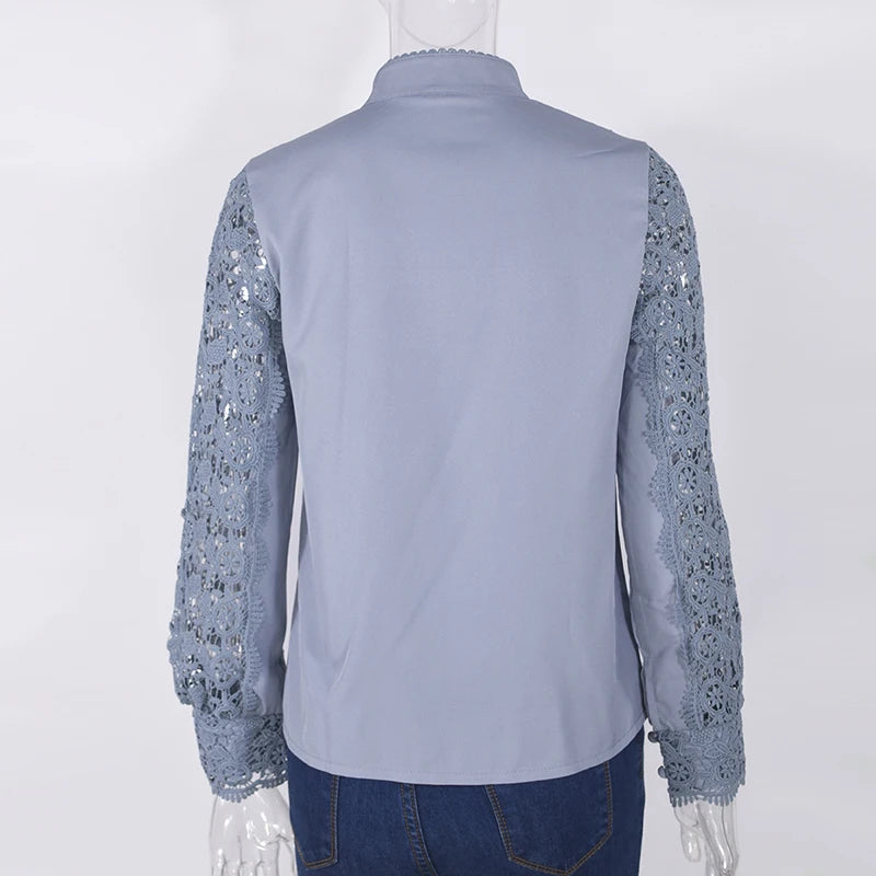 Women Elegant Embroidery Lace Blouse Shirt 2021 Spring Casual Long Sleeve Stand Collar Tops Office Lady Solid Color Blouse