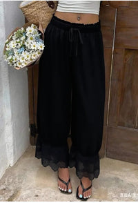 Womens Wide Leg Pants White Polyester Lace Trim Hem Casual Loose Fit Summer Trousers Wide Leg Pants
