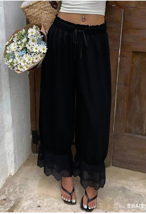 Womens Wide Leg Pants White Polyester Lace Trim Hem Casual Loose Fit Summer Trousers Wide Leg Pants