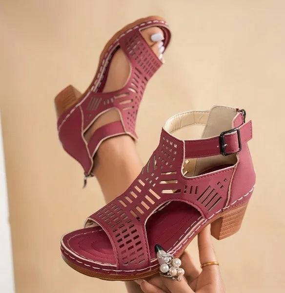 Sandals for Women 2026 New Thick Heeled Sandals Summer Breathable Hollow Out Sandals for Women Retro High Heels Roman Sandalias