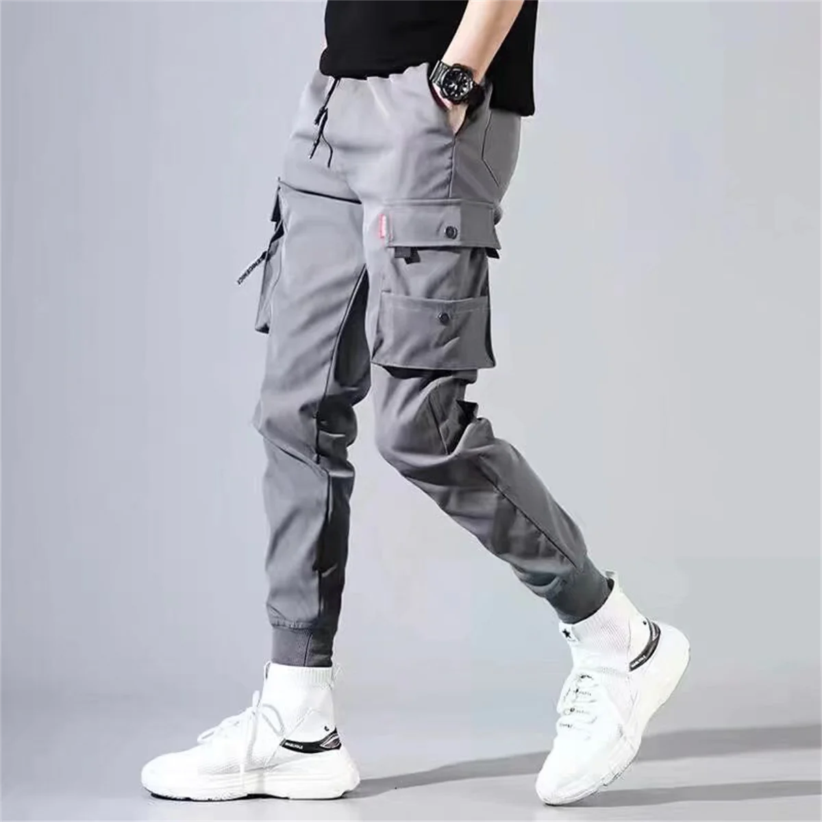 2025 Trendy Solid Color Pants, Multi Flap Pocket Men's Cargo Pants, Loose Casual Outdoor Hip Hop Pants, Men's Black Work Pants