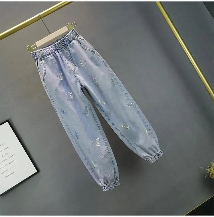 High waisted Jeans For Summer 2026 New Loose Elastic waist Hot pressed Diamond Pants Women's Casual Denim Trousers
