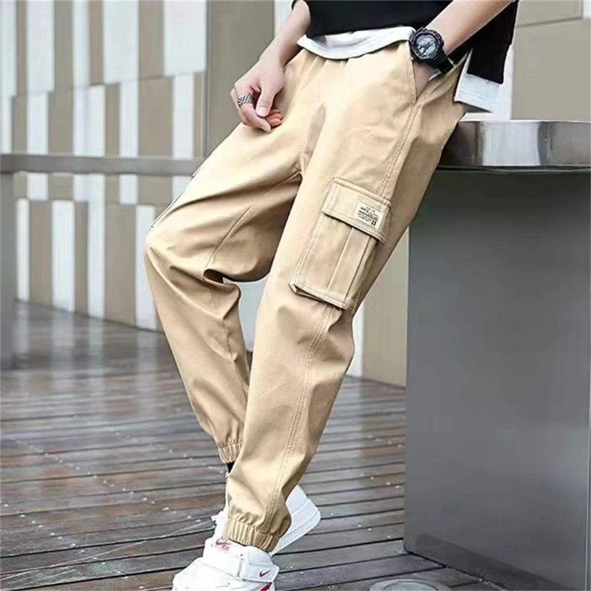 2025 Trendy Solid Color Pants, Multi Flap Pocket Men's Cargo Pants, Loose Casual Outdoor Hip Hop Pants, Men's Black Work Pants