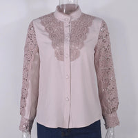 Women Elegant Embroidery Lace Blouse Shirt 2021 Spring Casual Long Sleeve Stand Collar Tops Office Lady Solid Color Blouse