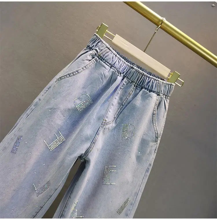 High waisted Jeans For Summer 2026 New Loose Elastic waist Hot pressed Diamond Pants Women's Casual Denim Trousers