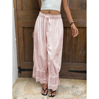 Womens Wide Leg Pants White Polyester Lace Trim Hem Casual Loose Fit Summer Trousers Wide Leg Pants