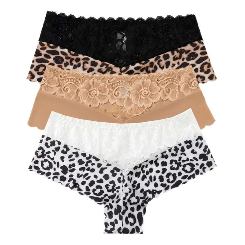 Women's 3-Piece Leopard Lace Panties Underwear Solid Color Knickers Set