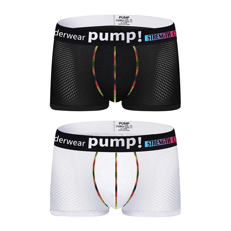 Men's PUMP! Mesh Boxer Briefs U Convex Pouch Rainbow Stitching Elastic Waistband Breathable Quick Dry Underwear