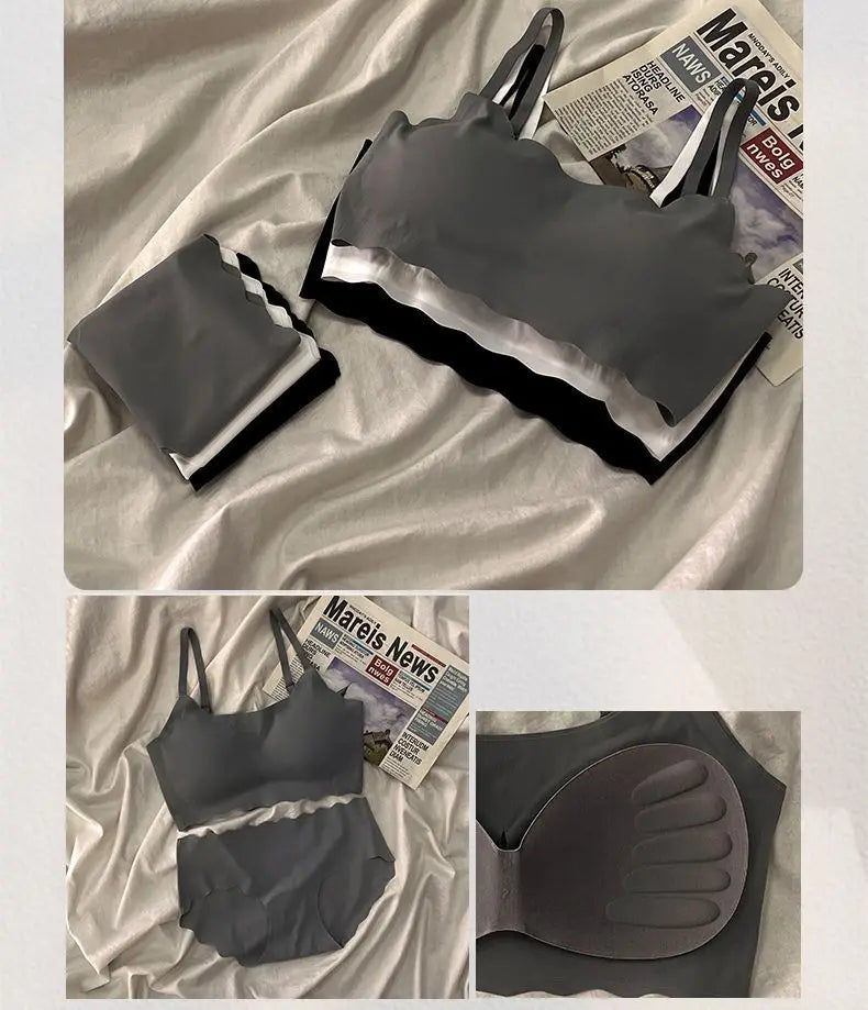 Seamless Scalloped Edge Bra and Panty Set for Women, Gray Black White Skin-Friendly Wireless Comfortable Lingerie Set