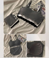Seamless Scalloped Edge Bra and Panty Set for Women, Gray Black White Skin-Friendly Wireless Comfortable Lingerie Set