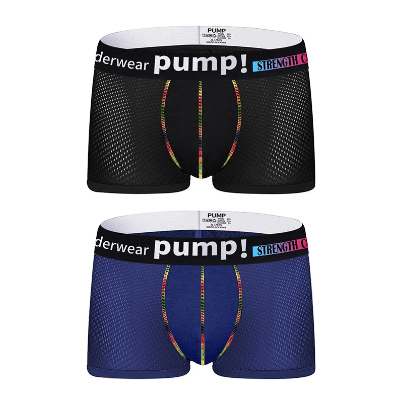 Men's PUMP! Mesh Boxer Briefs U Convex Pouch Rainbow Stitching Elastic Waistband Breathable Quick Dry Underwear