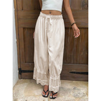Womens Wide Leg Pants White Polyester Lace Trim Hem Casual Loose Fit Summer Trousers Wide Leg Pants